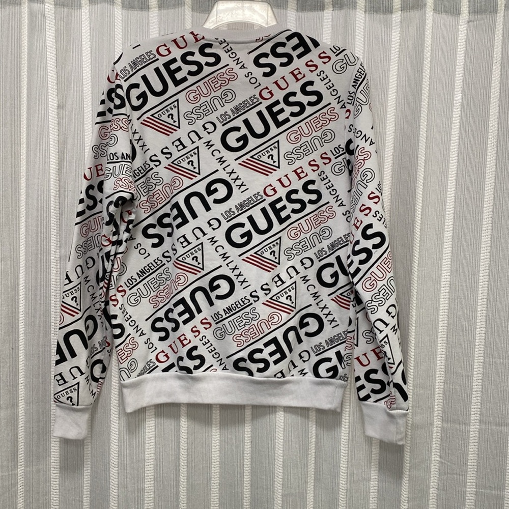 Guess White Crewneck Long Sleeve with All Over GUESS Print Men’s Size S - Picture 4 of 5